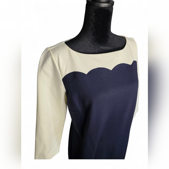 Talbots Navy/Cream Scalloped Detail 3/4 Sleeve Sheath Midi Dress, Women Size 6 - Picture 2 of 5